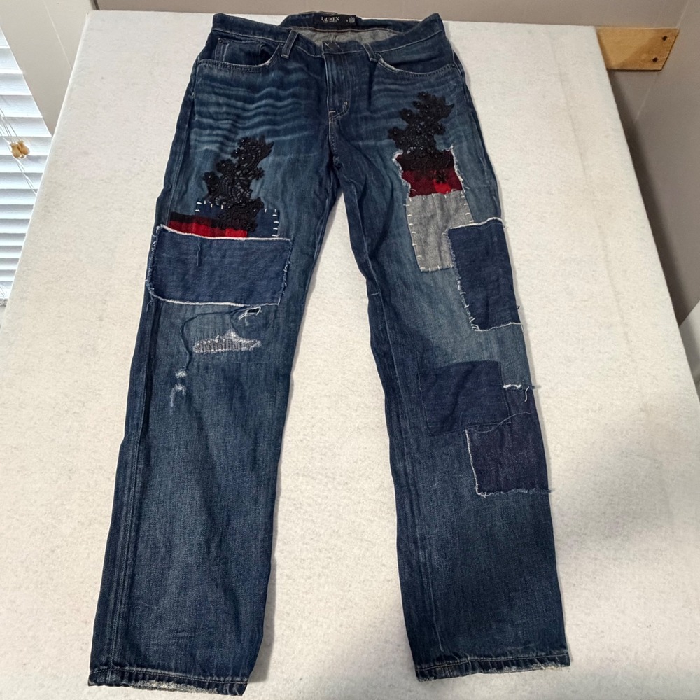 Lauren Ralph Lauren Patchwork Lace Applique Straight Leg Jeans Blue Womens 8
